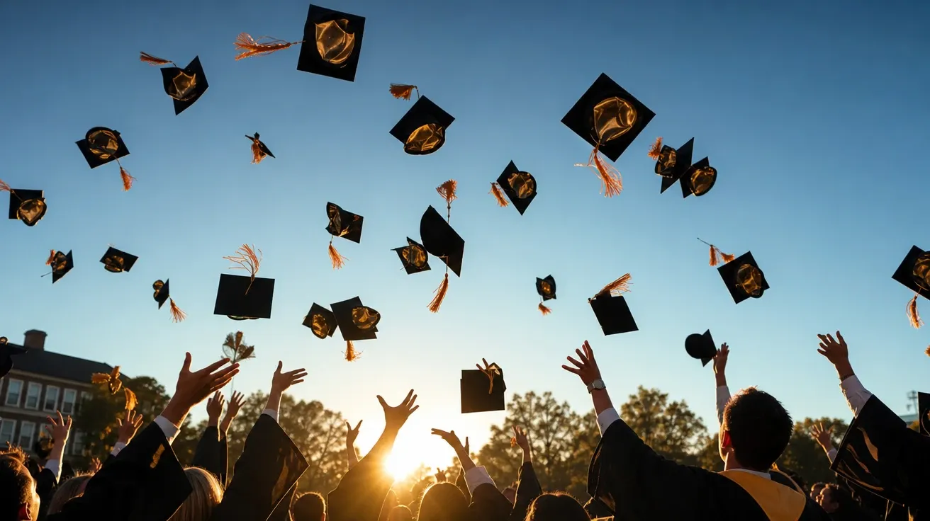 Caps airborne against blue sky at a college graduation, golden hour catching the satin lining. AI graduation stock.