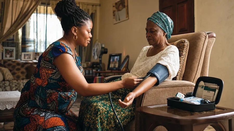 Community health worker taking a blood-pressure reading from an elderly patient at home, AI health stock photo.