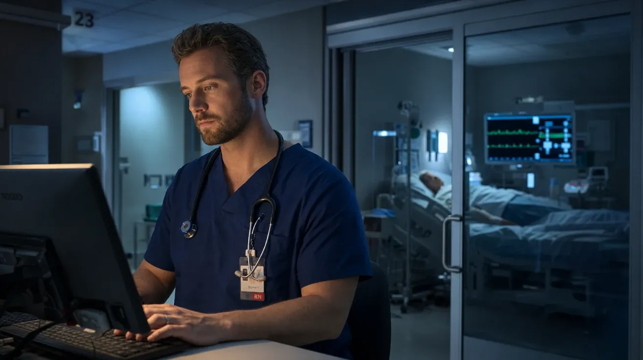 ICU nurse charting at a workstation at 3am with monitors glowing, AI health stock photo.