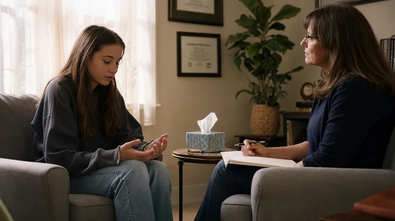 Teen and counselor mid-conversation in a warmly lit mental-health office, AI health stock photo.