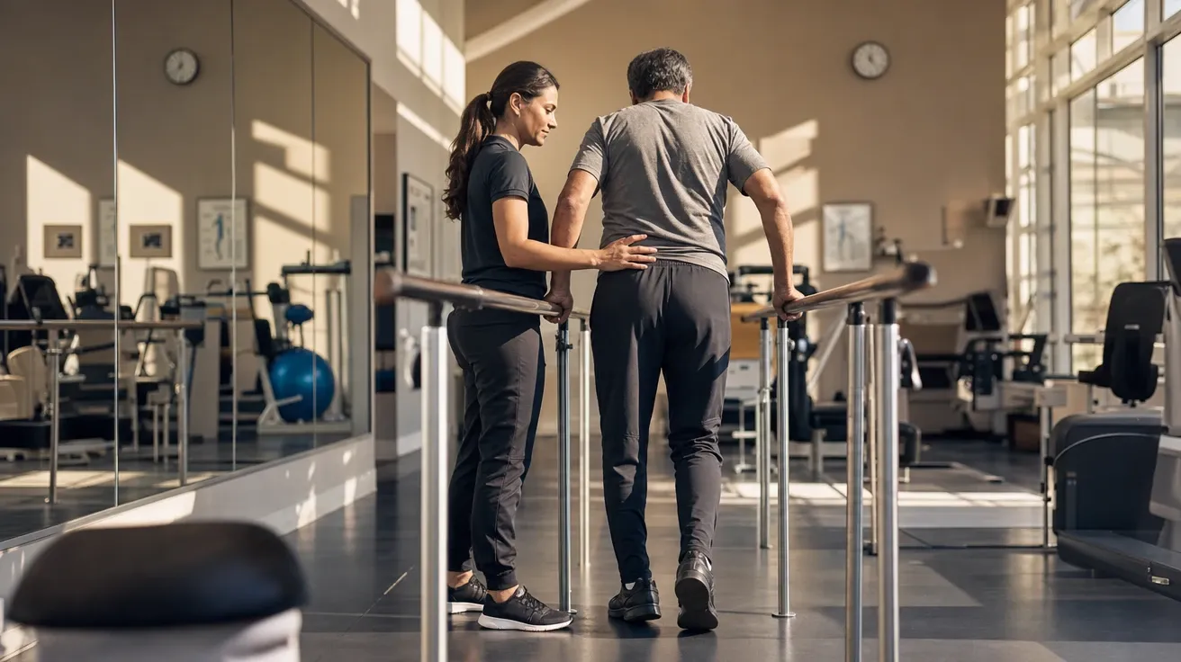 Physiotherapist guiding a post-stroke patient at parallel bars in a sunlit rehab gym, AI health stock photo.