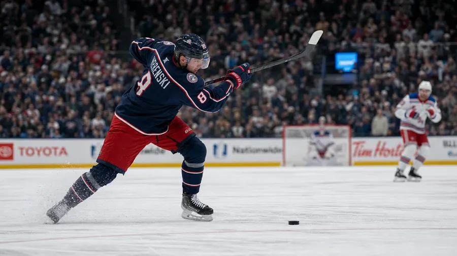 NHL forward mid-slap-shot at center ice in a packed arena, AI-generated hockey images stock photo.