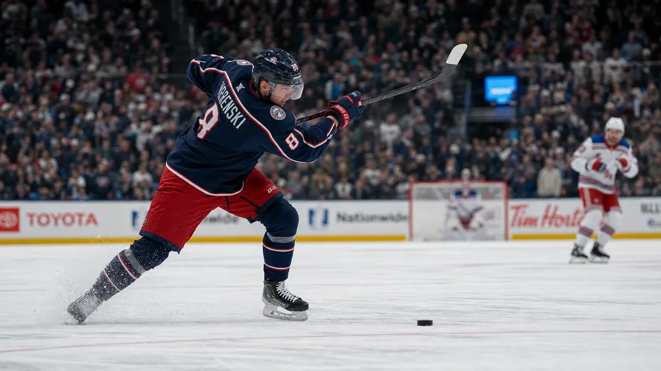 NHL forward mid-slap-shot at center ice in a packed arena, AI-generated hockey images stock photo.