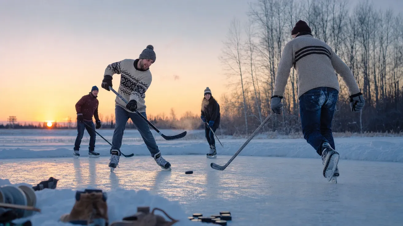 Pickup hockey on a Manitoba frozen pond at twilight with breath in cold air, AI-generated hockey images.