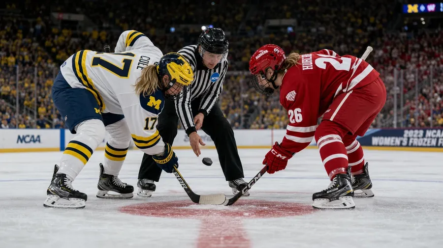 Women's NCAA hockey faceoff at center ice at Frozen Four, AI-generated hockey images stock photo.