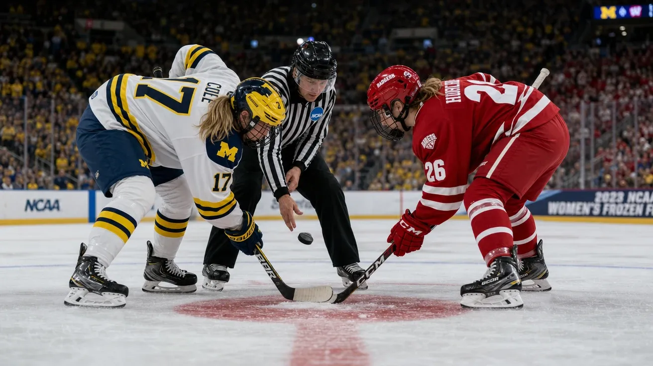 Women's NCAA hockey faceoff at center ice at Frozen Four, AI-generated hockey images stock photo.