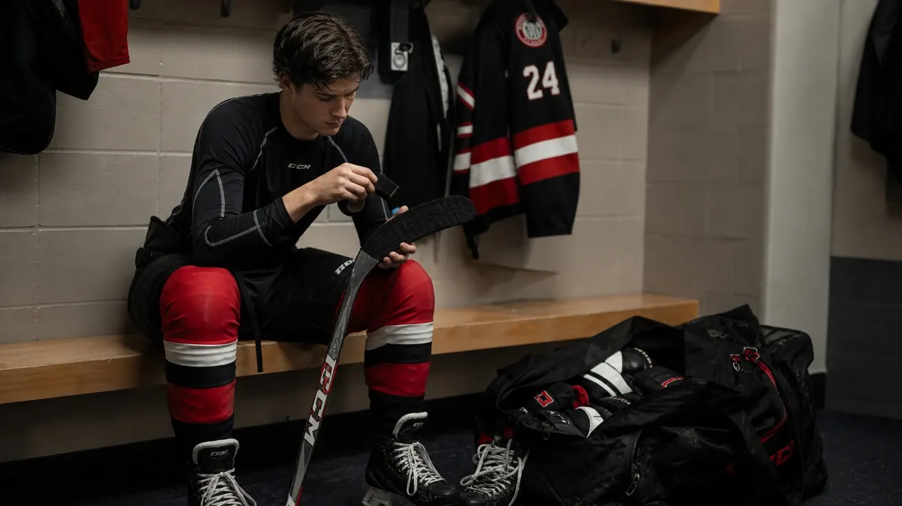 Hockey player taping a stick in a quiet team dressing room pre-game, AI-generated hockey images stock.