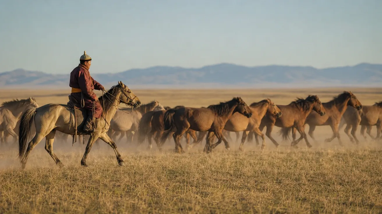 Mongolian herder driving working horse herd across steppe at golden hour, dust trail rising, AI-generated stock horse image.