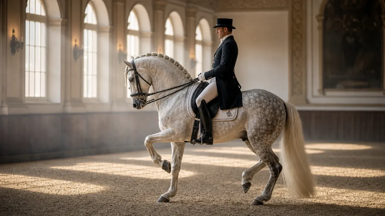 Andalusian stallion at dressage centerline in baroque indoor arena, formally-dressed rider, AI-generated stock horse image.
