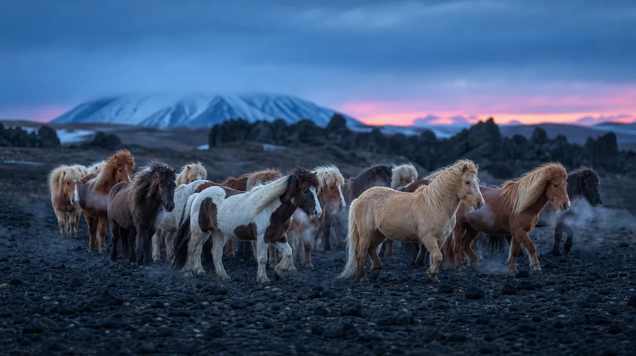 Wild Icelandic horse herd at twilight on black-lava plain, breath plumes in cold air, AI-generated stock horse image.