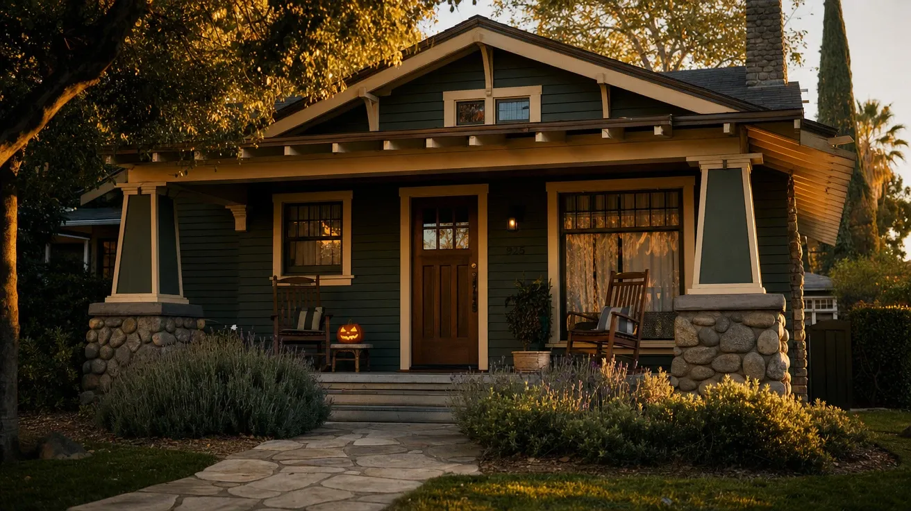 1925 Craftsman bungalow with rocking chairs on the porch in Pasadena at golden hour — AI-generated house stock image.