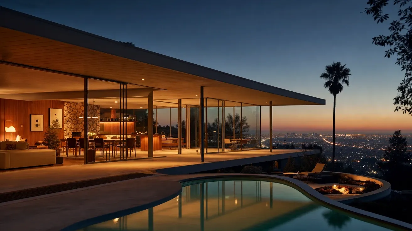 1960s mid-century modern house on a Mulholland Drive hillside at dusk with kidney pool — AI-generated house image.