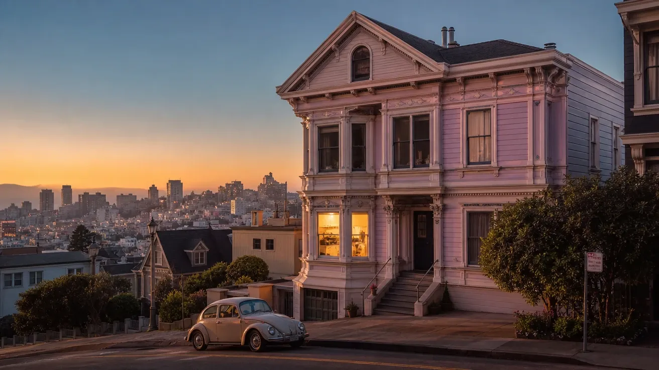 Victorian painted lady on a San Francisco hilltop at dusk with kitchen window glowing — AI-generated house image.