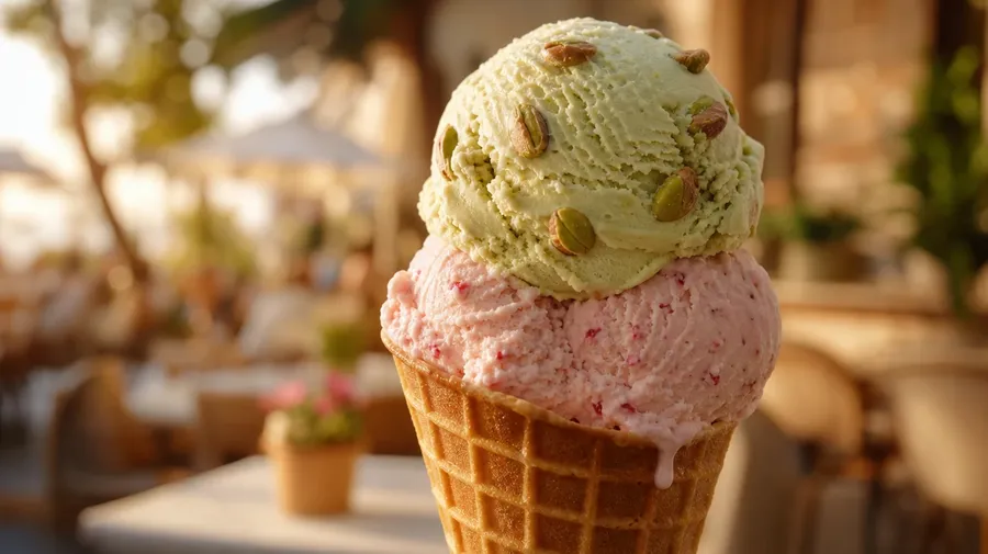 AI-generated ice cream picture: pistachio-and-strawberry double scoop on a sugar cone at golden hour.