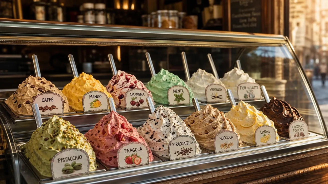 AI-generated ice cream picture: Italian gelateria display with twelve flavors of hand-formed gelato peaks.