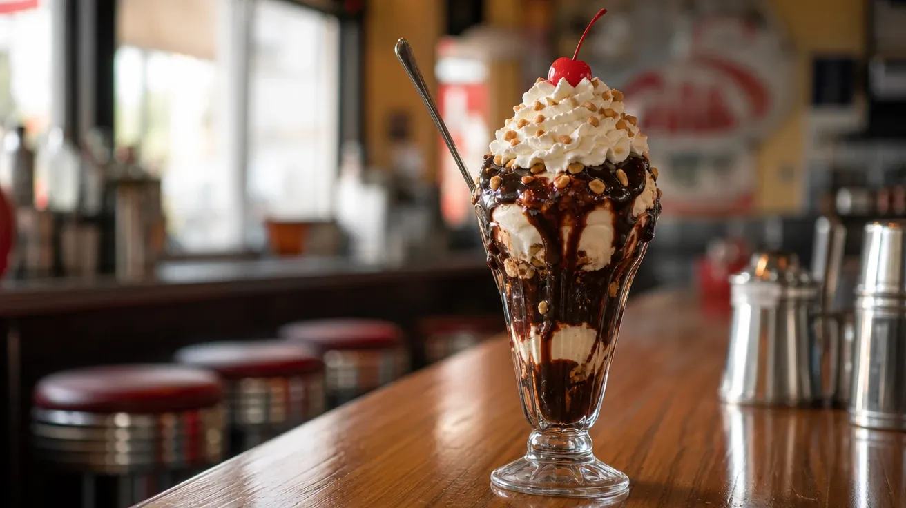 AI-generated ice cream picture: classic hot-fudge sundae in a fluted glass with whipped cream and cherry.