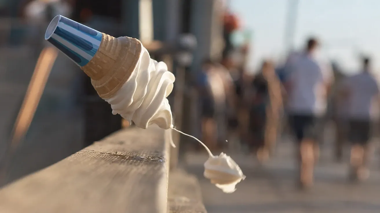 AI-generated ice cream picture: a soft-serve cone tipping over with the cream curl beginning to detach at a boardwalk.
