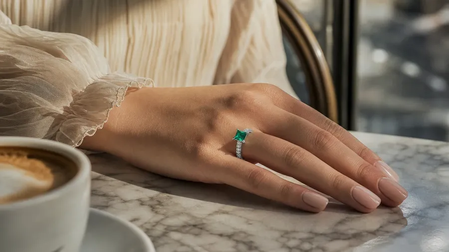 Emerald engagement ring on a manicured hand at a marble cafe table, soft window light — AI jewelry stock.
