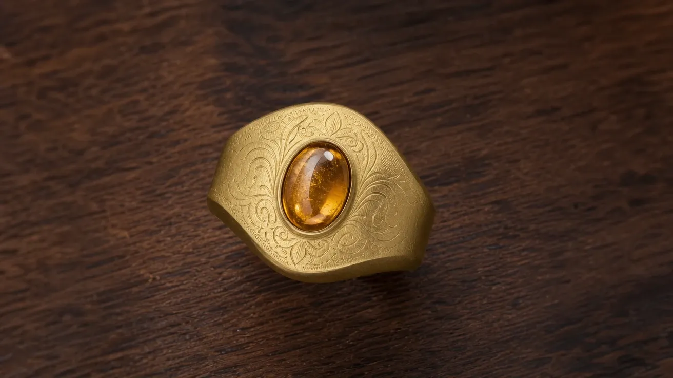 Brushed yellow gold signet ring set with an oval citrine cabochon on walnut wood — AI jewelry stock.