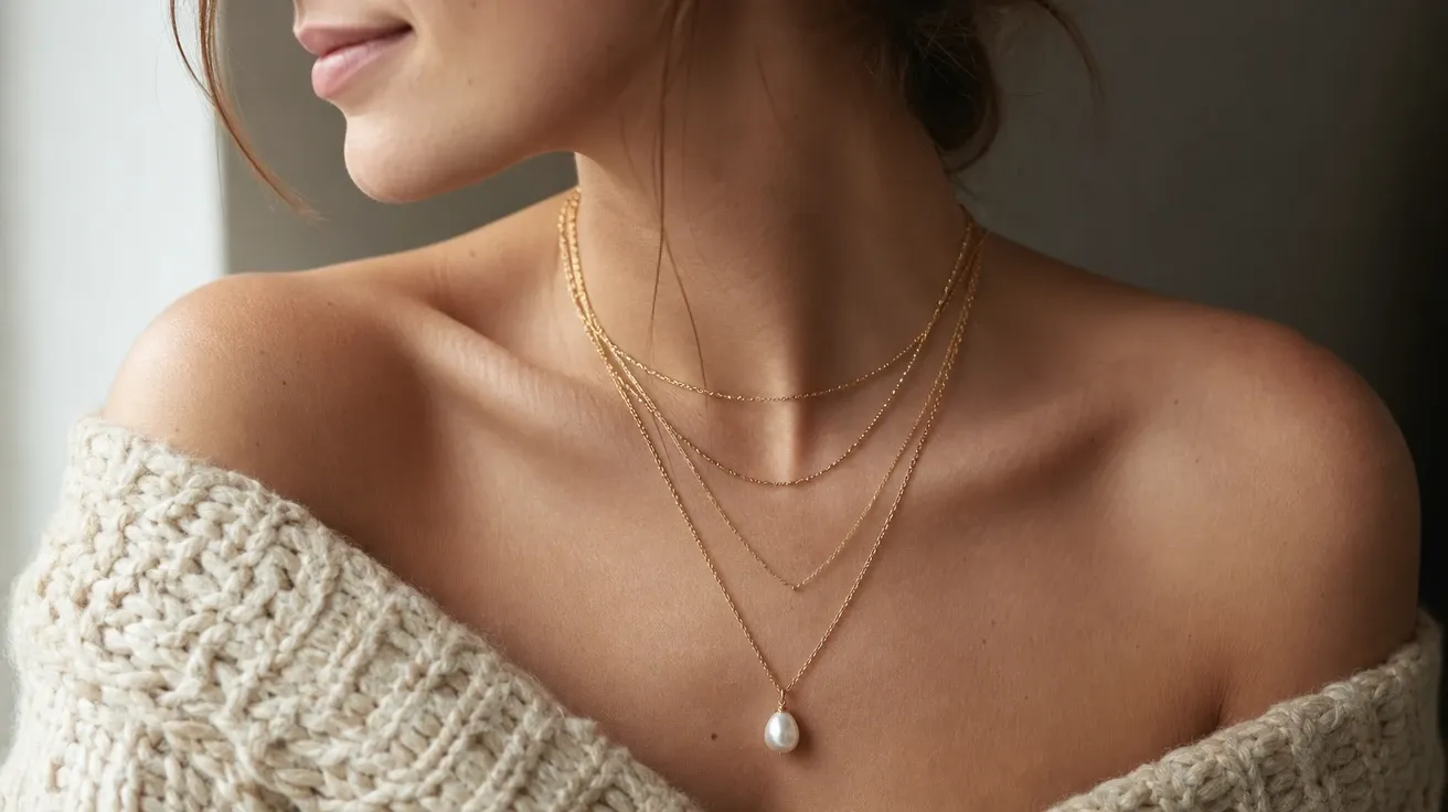Layered gold chain necklaces and freshwater pearl pendant on a model's collarbone — AI jewelry stock.
