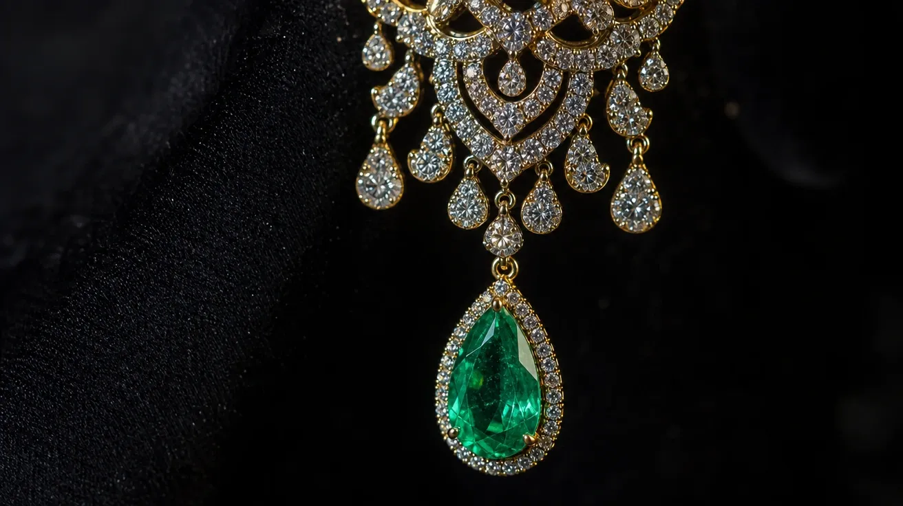 Chandelier earring with pave diamonds and a teardrop emerald in extreme macro — AI jewelry stock.