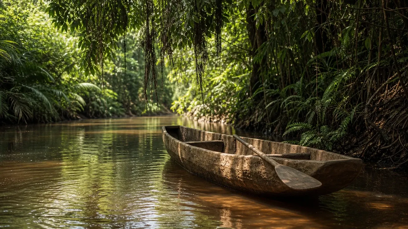 AI stock jungle image of a slow river bend with a wooden dugout canoe drifting under hanging vines at midday.