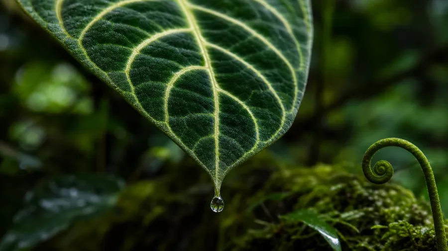 AI-generated extreme close-up of a broad velvety jungle leaf with a single raindrop and a curling fern tip.