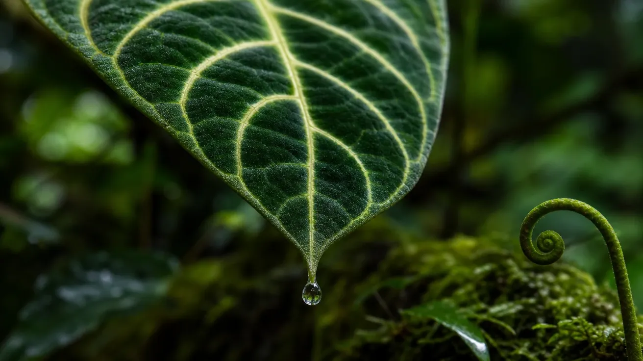 AI-generated extreme close-up of a broad velvety jungle leaf with a single raindrop and a curling fern tip.