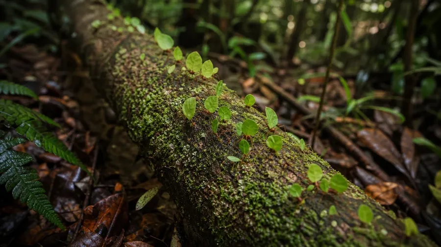 AI-generated leaf-cutter ants carrying green leaf discs in a long column along a damp downed mossy branch.