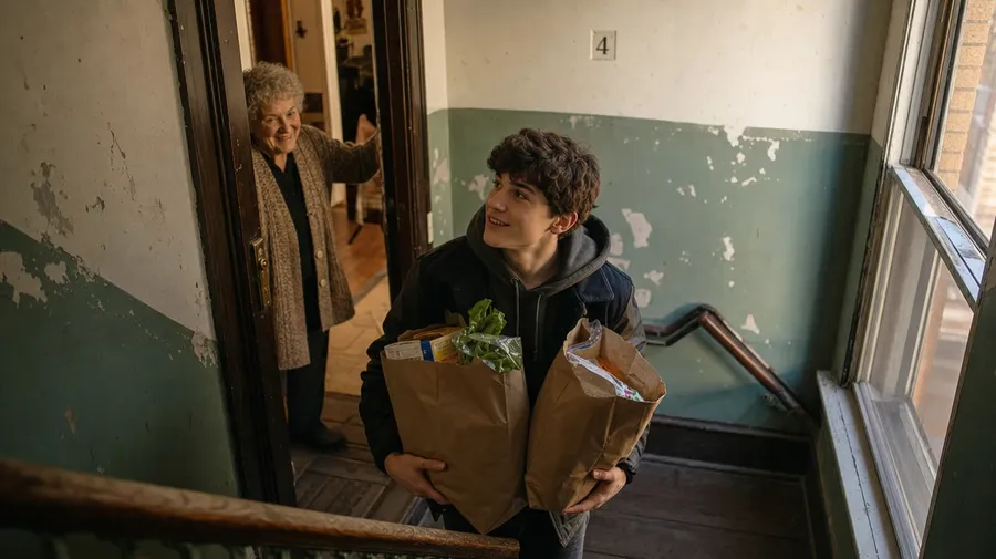 Teenager carrying groceries up a stairwell for an older neighbor, AI stock kindness image.