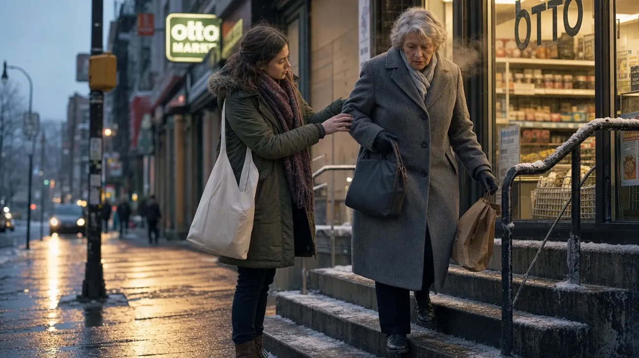 Stranger steadying an older woman on icy steps outside a shop, AI-generated kindness image.