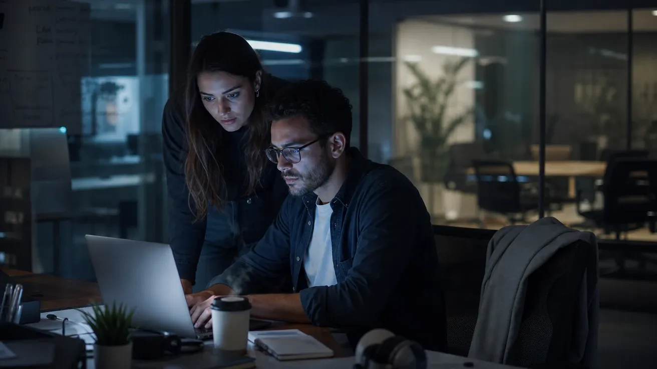 Colleague helping a coworker meet a late-night deadline at a laptop, AI stock kindness image.
