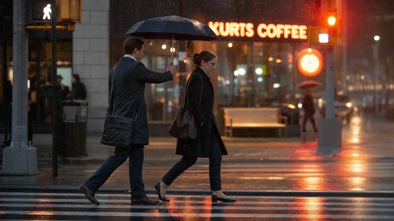 Stranger holding an umbrella over another's head in city rain, AI stock kindness image.