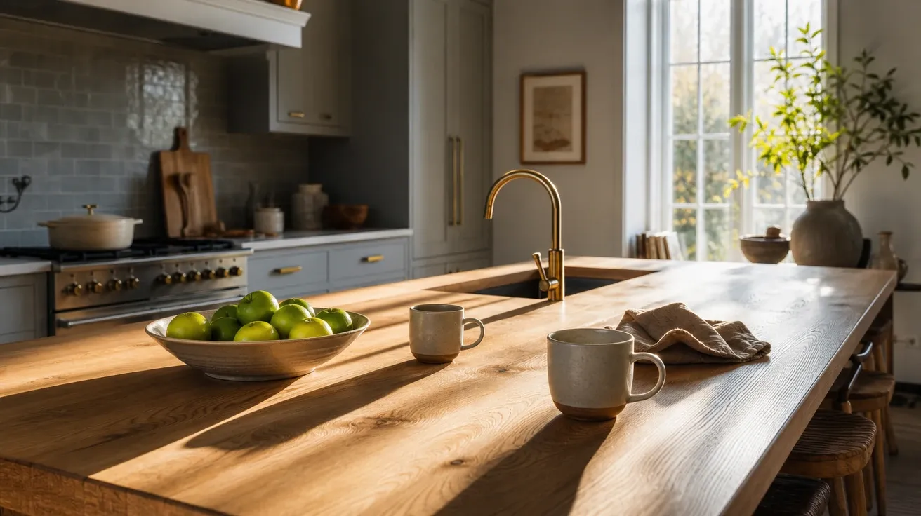 AI-generated Scandinavian home kitchen with morning sun across a solid-oak island and pale grey cabinetry.