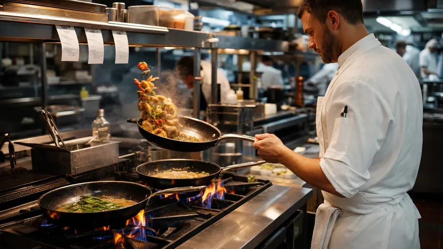 AI stock kitchen image of a service-hour restaurant line, three saute pans, tickets clipped overhead, steam rising.
