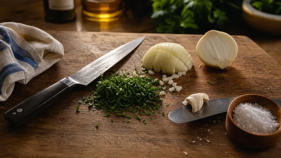 AI-generated butcher-block prep station scattered with chopped parsley, diced onion, garlic, and a chef's knife.