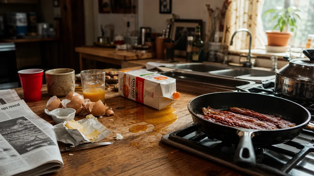 AI-generated Saturday-morning kitchen with eggshells, butter wrapper, sizzling bacon pan, and spilled orange juice on the counter.