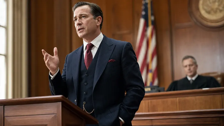 AI-generated lawyer picture: trial litigator in navy three-piece suit mid-argument at a wood courtroom lectern.