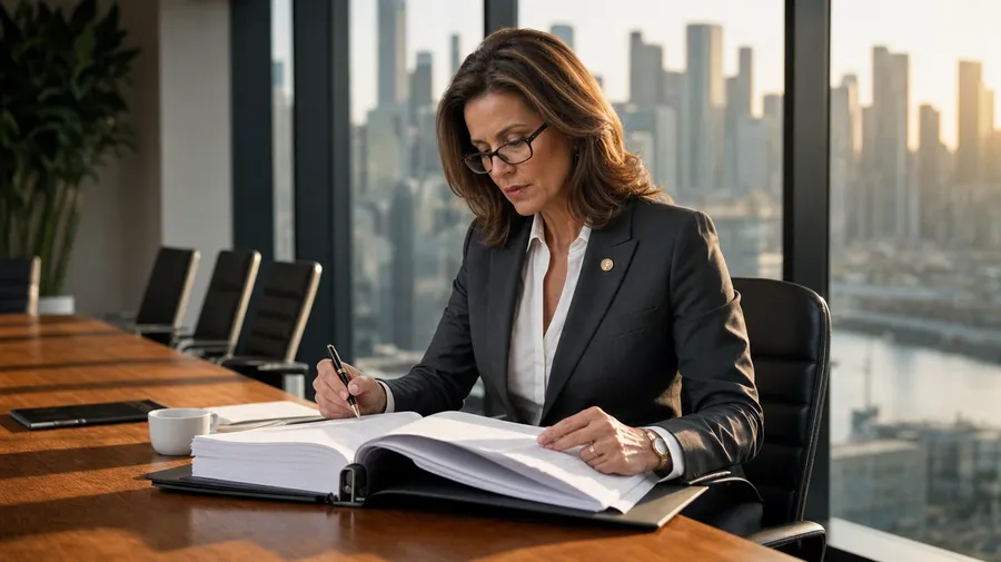 AI-generated lawyer picture: corporate partner reviewing a closing book in a glass-walled boardroom at golden hour.