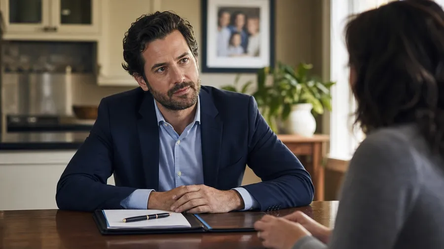 AI-generated lawyer picture: family-law mediator leaning forward to listen at a client's kitchen-table meeting.