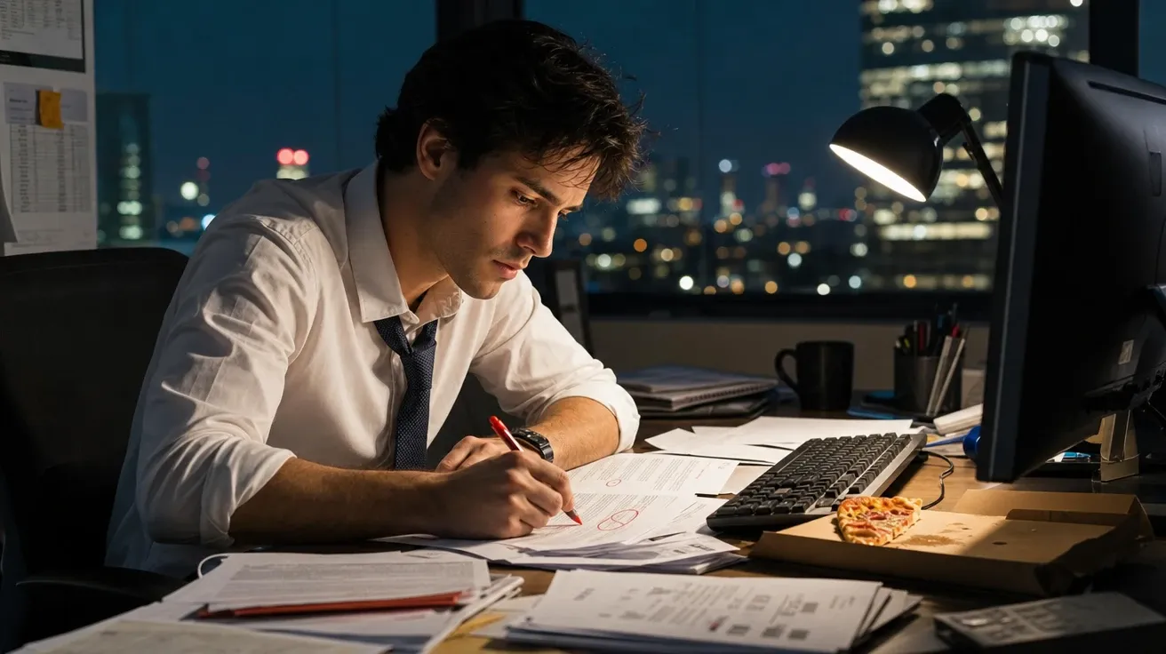 AI-generated lawyer picture: young corporate associate at 11 PM with markup pen and pizza box at a downtown desk.