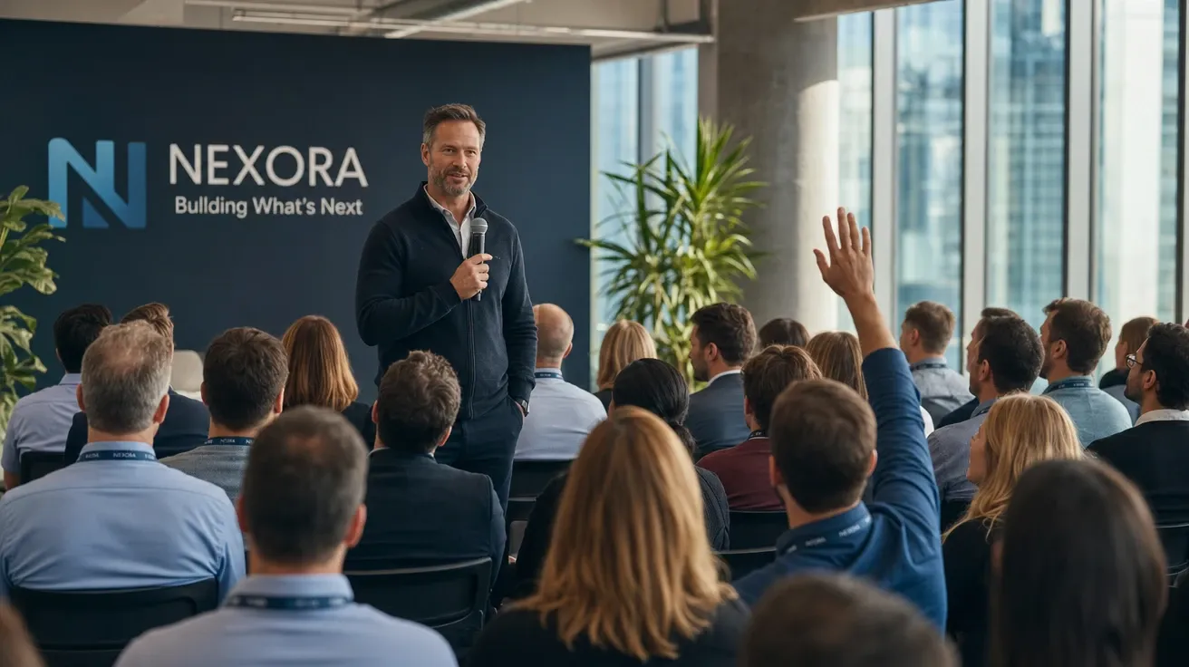 AI leadership stock image of a CEO at a company town hall fielding employee questions in front of a branded backdrop.