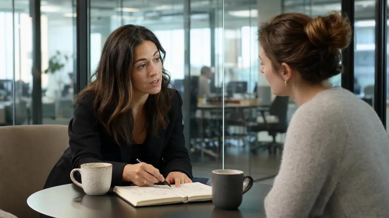 AI leadership stock image of a founder at a 1:1 mentor session sketching on a notebook with a junior team member.