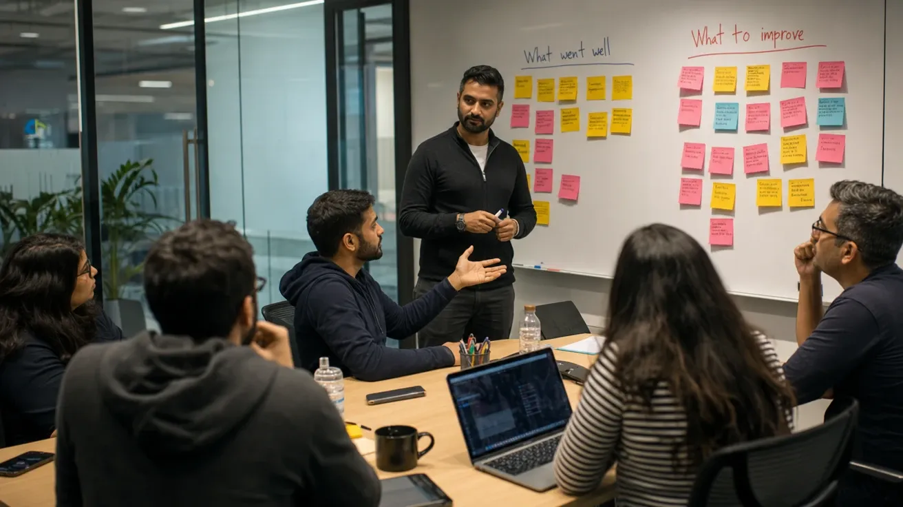 AI-generated leadership stock photo of a team lead facilitating a sprint retrospective at a sticky-note whiteboard.