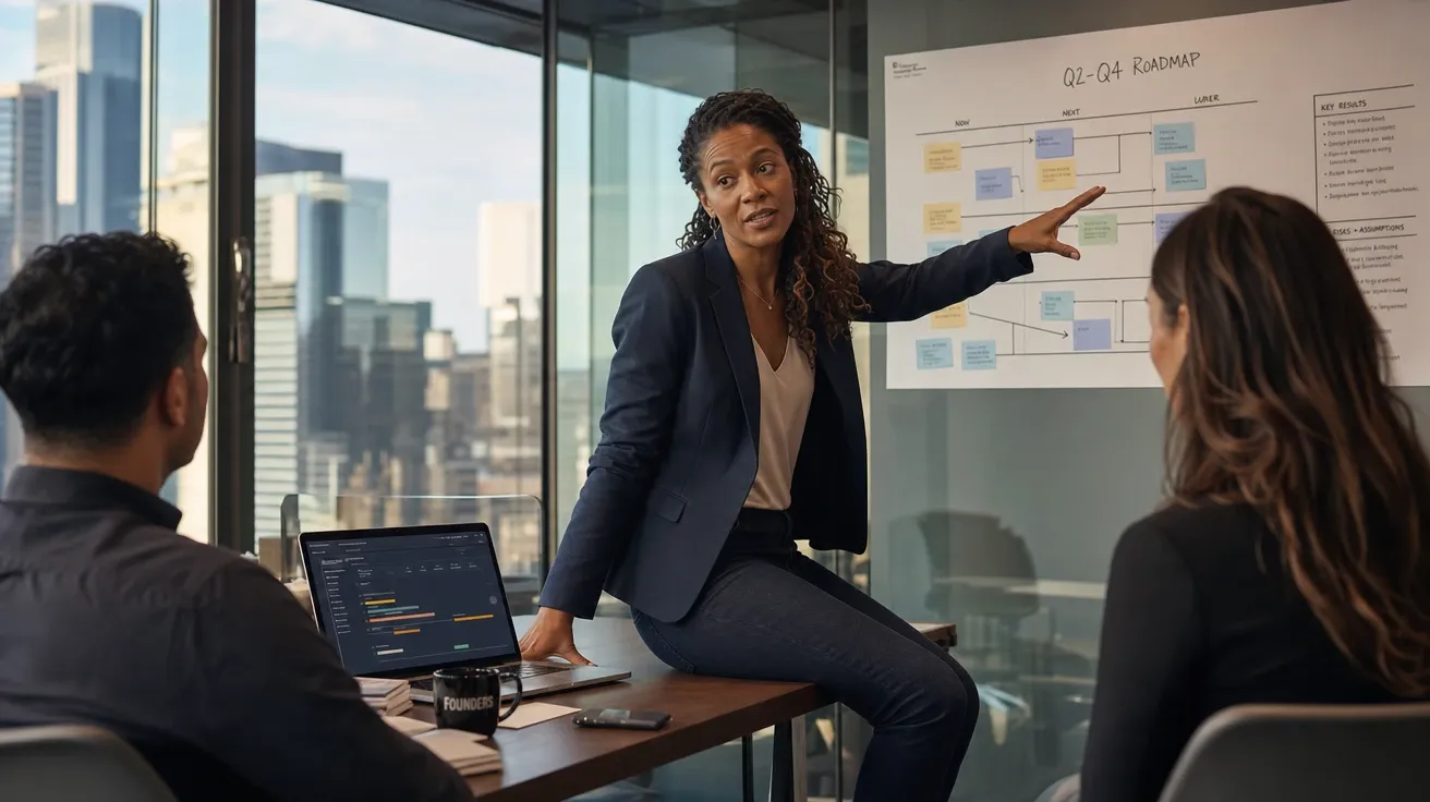 AI-generated leadership stock photo of a Black woman founding CEO mid-conversation with team leads in her office.