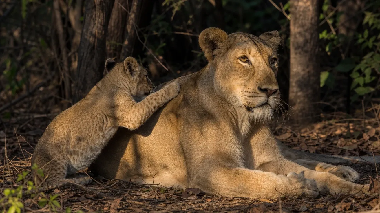 Asiatic lioness with single cub in Gir Forest morning light, dappled shade, AI-generated stock lion image.