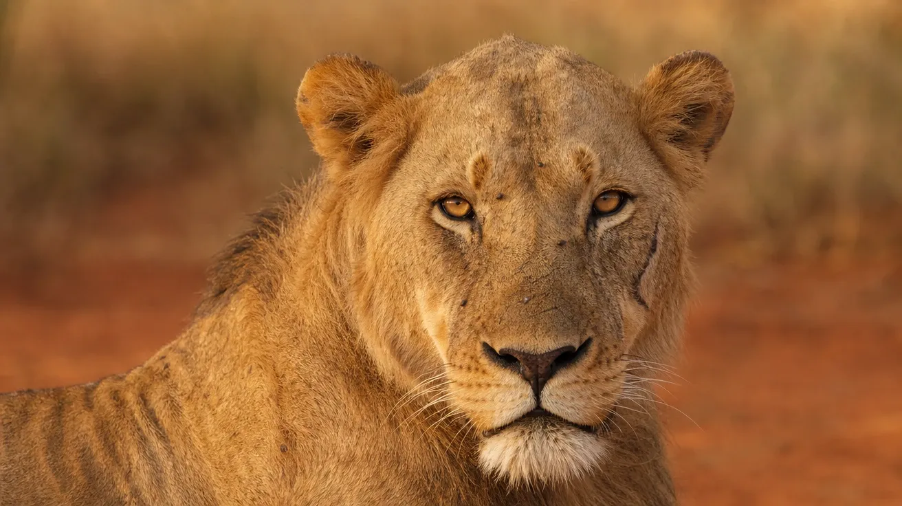 Tsavo East maneless male lion portrait with intense amber eyes and scarred face, AI-generated stock lion image.