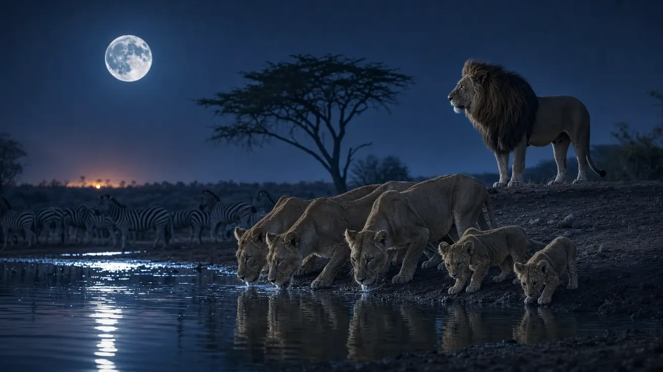 Lion pride at moonlit watering hole at midnight with male standing guard, AI-generated stock lion image.