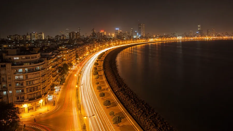 AI stock long exposure photo: Mumbai Marine Drive at midnight with golden car trails along the bay