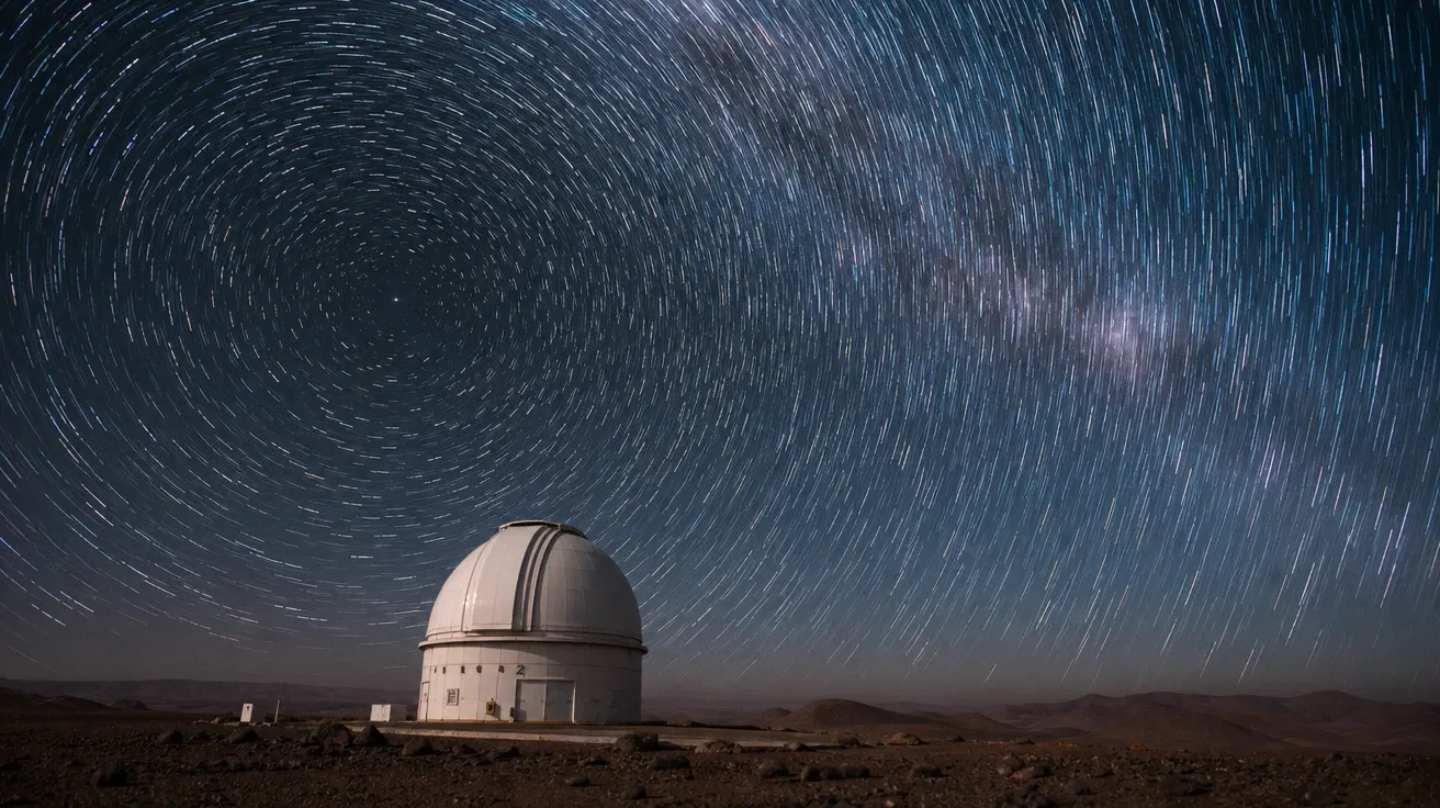 AI stock long exposure photo: Atacama 4-hour star trail rotation over a single observatory dome